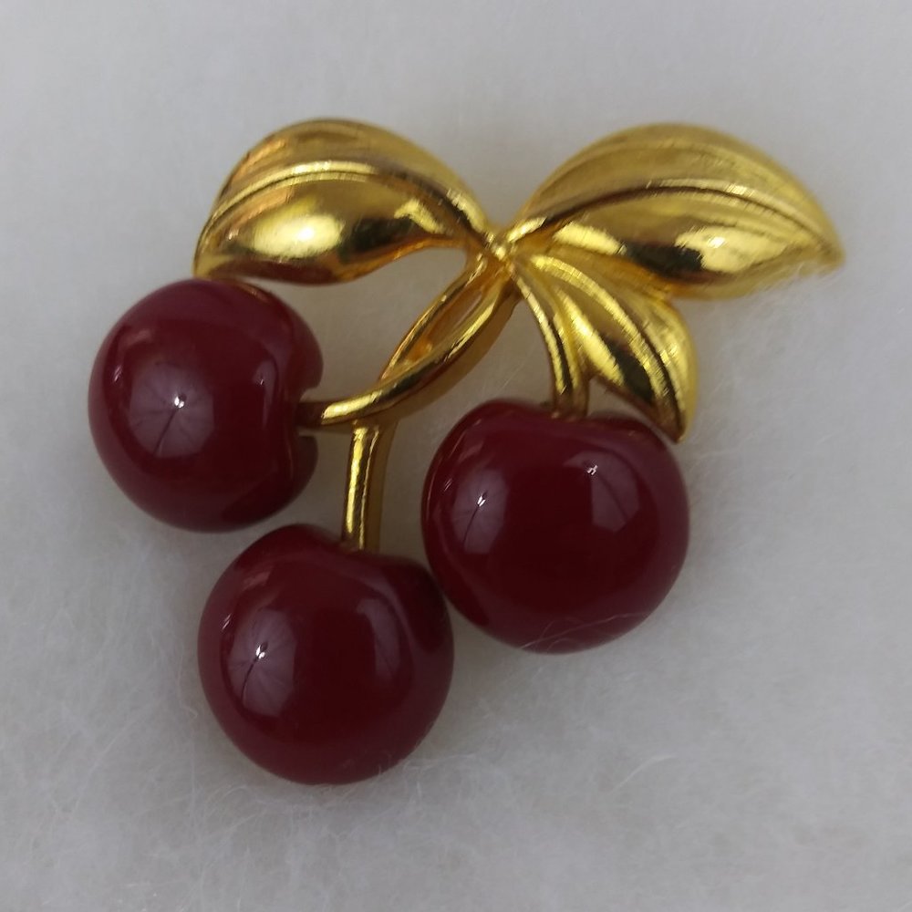 Gold & Red Cherry Brooch - Elegant Fruit Pin